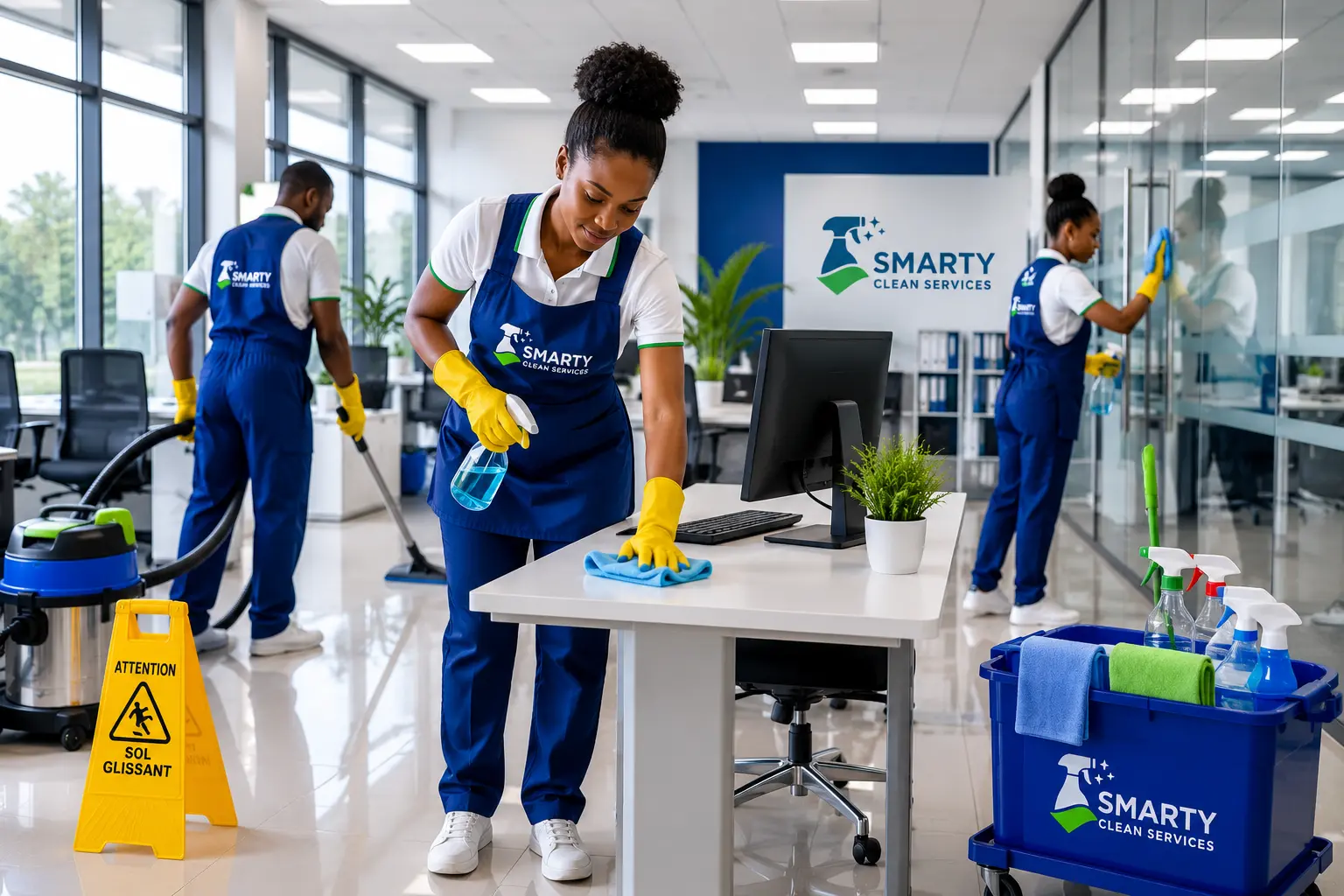 Équipe Smarty Clean Services effectuant le nettoyage d’un bureau